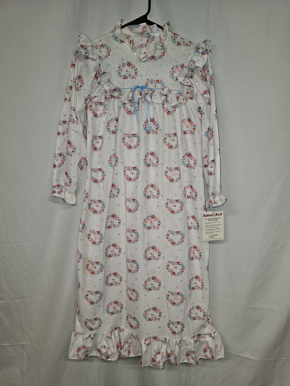 NWT Vintage Allison Ann Floral Flannel Kids Nightgown with Pink & Blue Wreaths